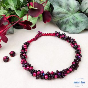   ANAN, női ékszer, édesvízi gyöngy, gránát, nyaklánc, fülbevaló, antiallergén ékszer, gránátvörös