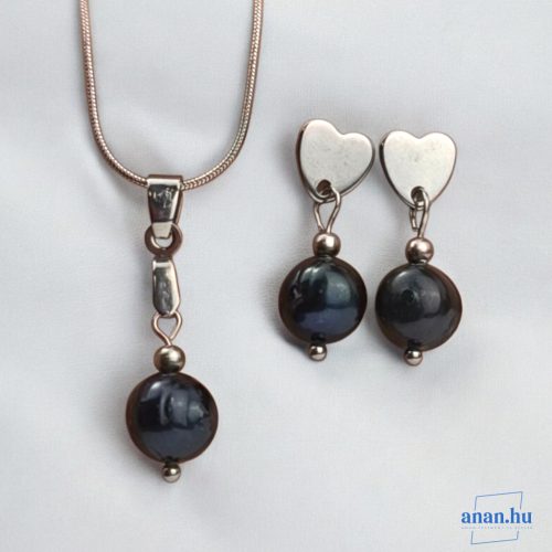 ANAN, antiallergén ékszer szett, édesvízi tenyésztett gyöngy, fekete, Pearl