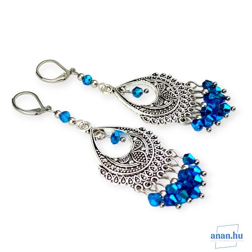 ANAN, antik ezüst színű fülbevaló, kék kristály gyöngyökkel