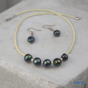   ANAN, édesvízi tenyésztett gyöngy nyaklánc, fülbevaló, kékes-zöld, Tenger Lelke
