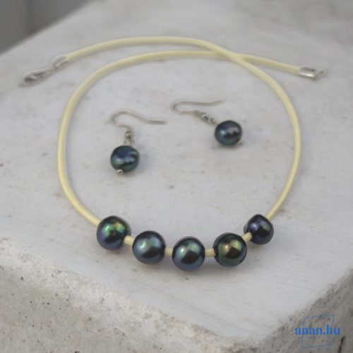 ANAN, édesvízi tenyésztett gyöngy nyaklánc, fülbevaló, kékes-zöld, Tenger Lelke