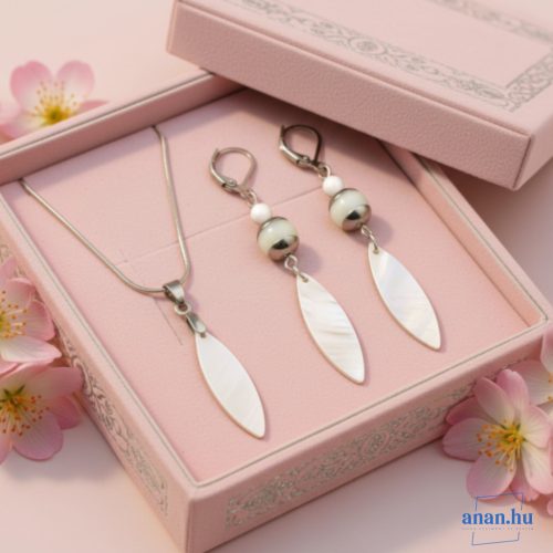 ANAN, nemesacél ékszer szett, fülbevaló, nyaklánc, Gyöngyház