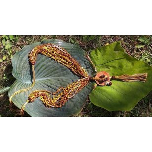 Gyöngy nyaklánc, környezetbarát, újrahasznosított fa, uszadékfa, medál, mustár, szabályozható méret, kása gyöngy, fa gyöngy, pamut fonal, bojtos, mustár, hipoallergén, környezettudatos ékszer