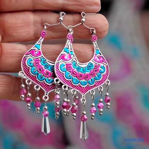 ANAN, hangsúlyos fülbevaló, türkizkék, pink, kézzel festett ékszer, India