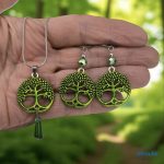 ANAN, kézzel festett, egyedi ékszer, fülbevaló, nyaklánc, aranyzöld, Életfa