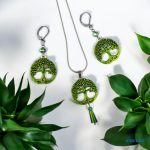 ANAN, kézzel festett, egyedi ékszer, fülbevaló, nyaklánc, aranyzöld, Életfa