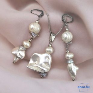   ANAN, antiallergén, egyedi ékszer szett, édesvízi gyöngy, Fehér ragyogás