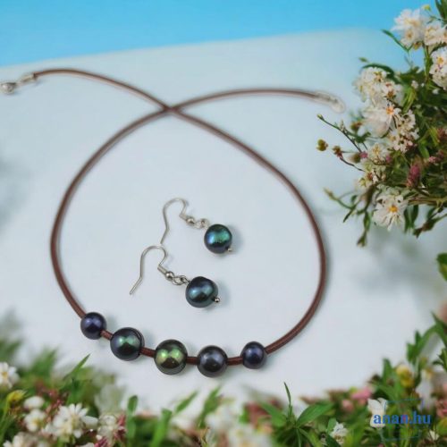 ANAN, édesvízi tenyésztett gyöngy nyaklánc, fülbevaló, bőr, nemesacél, Tenger Lelke