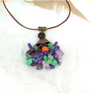   Korall, ásvány, nyaklánc, egyedi, kézműves, ékszer, lila, zöld
