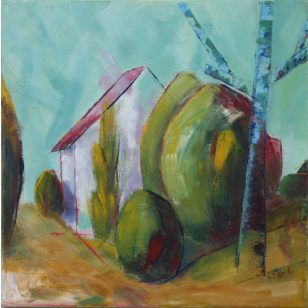 Kétvölgyi ház, tájkép, feszített vászon.