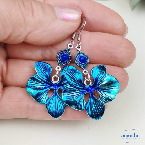 ANAN, kézzel festett fülbevaló, egyedi ékszer, kék, Orchidea 