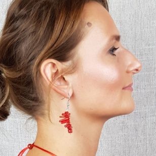 Vörös korall, ásvány, fülbevaló, nemesacél ékszer