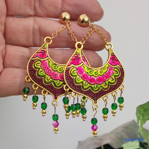 ANAN, hangsúlyos fülbevaló, magenta-zöld-arany, kézzel festett ékszer, India 3