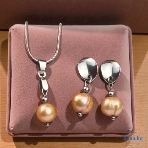 ANAN, antiallergén ékszer szett, édesvízi tenyésztett gyöngy, púder rózsaszín, Pearl