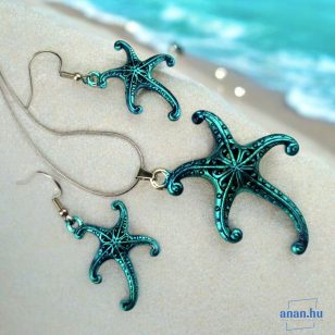   ANAN, kézzel festett, fülbevaló, nyaklánc, tengeri csillag, türkiz, Tenger Szíve