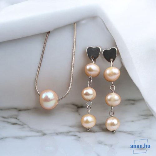 ANAN, antiallergén ékszer szett, édesvízi tenyésztett gyöngy, pasztell rózsaszín, Pearl