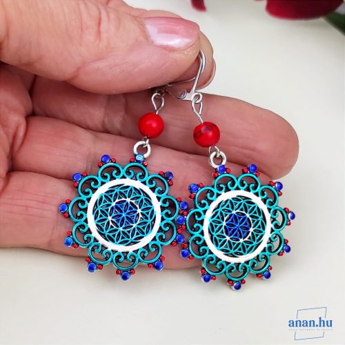 ANAN, kézzel festett fülbevaló, türkiz - kék - piros, Mandala 3