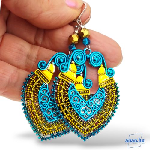 ANAN, fülbevaló, kék-sárga, kézzel festett ékszer, India