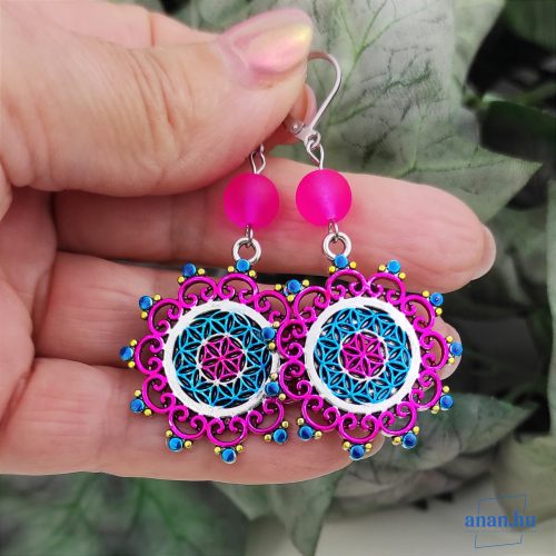 ANAN, kézzel festett fülbevaló, türkizkék, pink, Mandala 