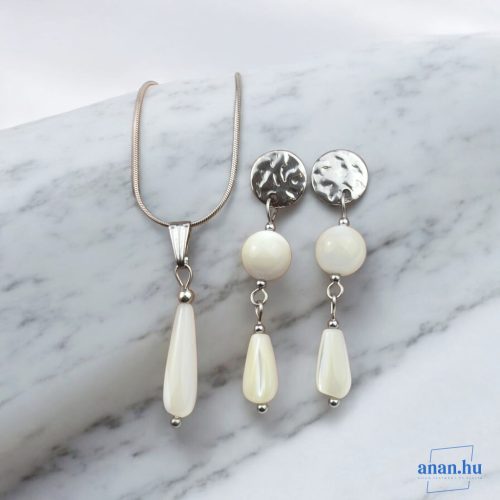 ANAN, nemesacél ékszer szett, fülbevaló, nyaklánc, fehér, Gyöngyház