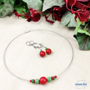   ANAN, ékszer szett, howlit, nyaklánc, fülbevaló piros, zöld,