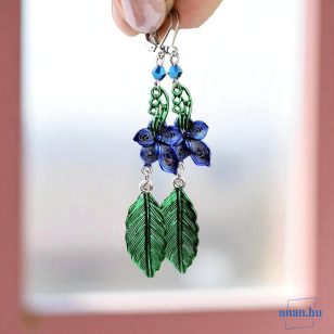   ANAN, kézzel festett, egyedi tervezésű, fülbevaló, nyaklánc, levélékszer, zöld és kék, Levélmese