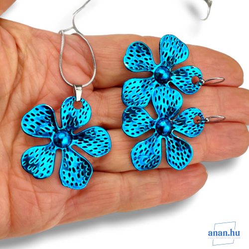 ANAN, kézzel festett fülbevaló, nyaklánc, egyedi ékszer, Kékvirág