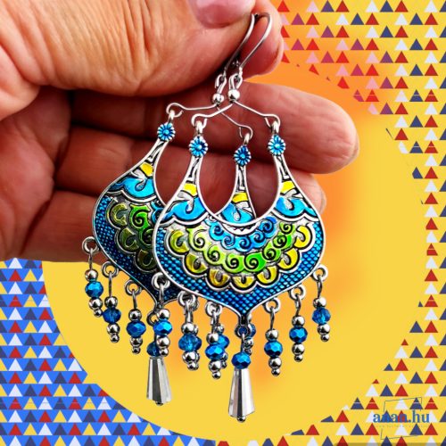 ANAN, hangsúlyos fülbevaló, kék, zöld, sárga, kézzel festett ékszer, India 